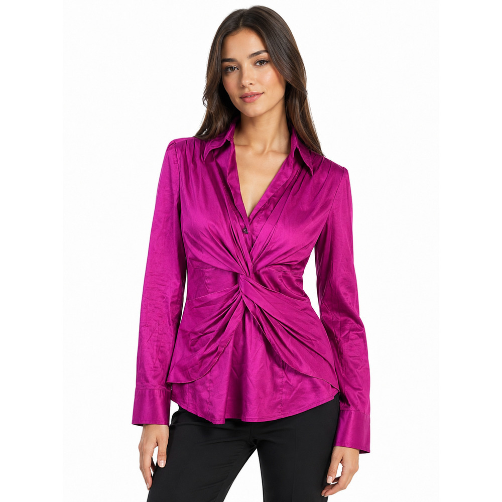 Trina Turk Blouse Size Medium Purple Twist Front Button Down Long Sleeve Work